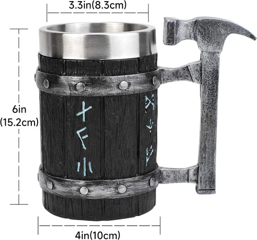 Vista 2 de KTOTKMOTA Taza de martillo de runa vikinga nórdica, vaso de acero inoxidable con revestimiento de resina para cerveza, decoración nórdica, madera