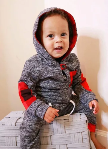 Vista 2 de Conjunto de 2 piezas de ropa para bebé y niña, de manga larga, con bolsillo a cuadros, con capucha y pantalones