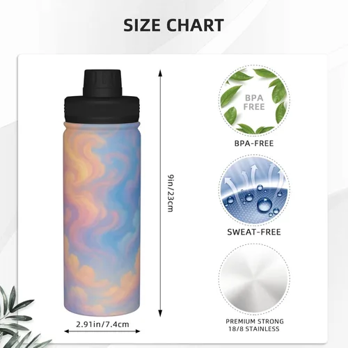 Vista 4 de Colorful Clouds Printed Insulated Water Bottle, 18oz Stainless Steel Funny Travel Mug, Leakproof Hot & Cold for Sports, Gym, Hiking