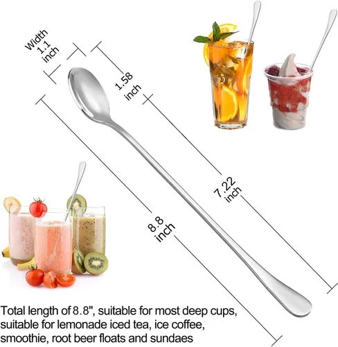 Vista 4 de Paquete de 8 cucharas de cóctel de mango largo de 9 pulgadas, cucharas de té helado de acero inoxidable para café y helado, cucharas para mezclar