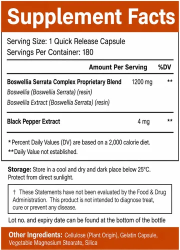 Vista 5 de Boswellia Serrata 1200 mg con 4 mg de pimienta negra BioPerine por porción, 180 cápsulas vegetarianas, sin OMG y sin gluten