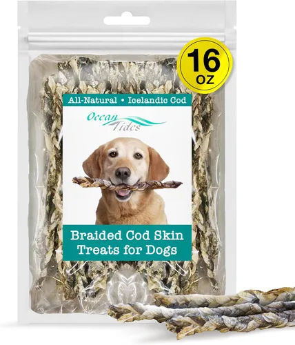 Vista 7 de Ocean Tides Pieles trenzadas de bacalao islandés de 8 onzas para perros y gatos – Un solo ingrediente, piel de pescado capturada en la naturaleza