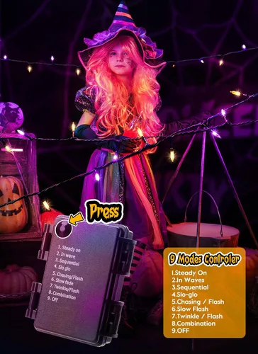 Vista 2 de Luces de Halloween naranja púrpura para exteriores, 17.8 pies, 50 luces LED de Navidad con 8 modos, mini tira de luces impermeables a pilas para uso