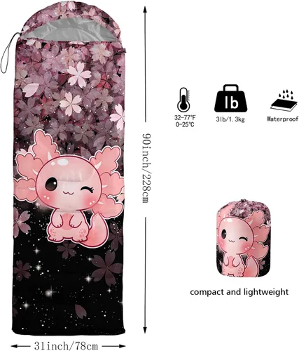 Vista 6 de QOOMO Axolotl - Lindos sacos de dormir para campamento, 3 estaciones, clima cálido y fresco, ligeros, impermeables, para adultos y niños, viajes
