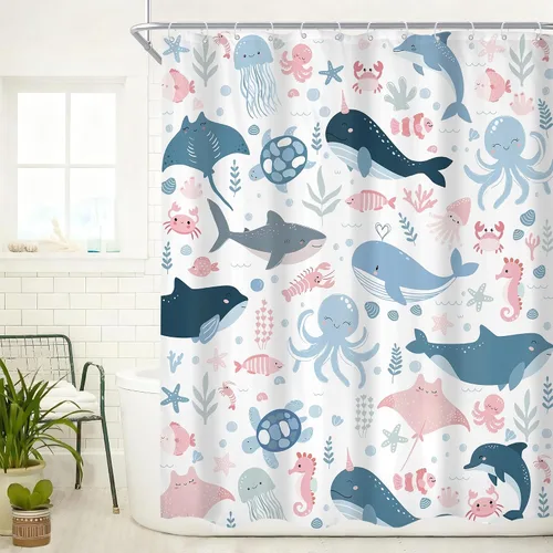 Vista 8 de Cortina de ducha de playa de pulpo para niños, 60 pulgadas de ancho x 72 pulgadas de alto, juego de cortina de baño náutica Kraken anime barco