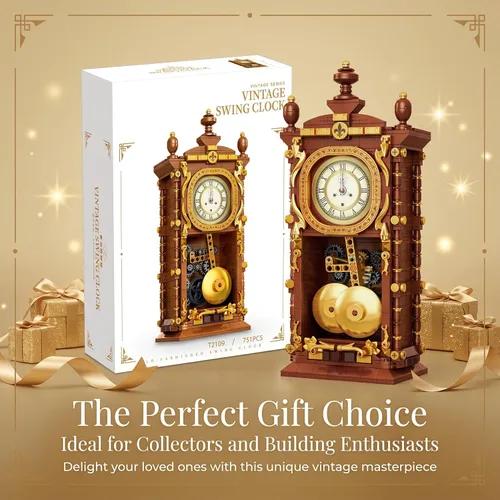 Vista 8 de Juego de construcción de reloj oscilante retro vintage, relojes de péndulo, juguetes de bloques de construcción con kit de modelo mecánico funcional