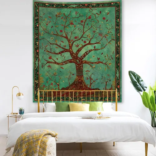 Vista 2 de Apdidl Tapiz Verde del Árbol de la Vida para Dormitorio, Colgante de Pared de Árbol Natural Estético, Tapices Bohemios Hippie Arte de Pared, Manta