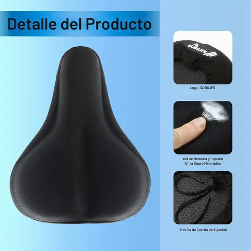 Vista 4 de Cojín de gel grueso y ancho para asiento de bicicleta con funda impermeable - Cómodo cojín de silicona de espuma viscoelástica para asiento