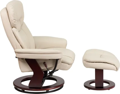 Vista 5 de Sillón reclinable y taburete de piel beige con base giratoria de madera caoba de Flash Furniture, Cuero, Beige Ajuste de palanca, reposabrazos