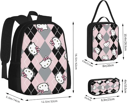 Vista 4 de Juego de mochilas para niños con diseño de gato lindo de dibujos animados para niñas, mochila escolar con caja de almuerzo y estuche para lápices