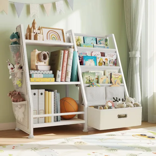 Vista 9 de Estantería infantil y organizador de almacenamiento de juguetes: estante para libros para habitación de niños con cajón para almacenar libros