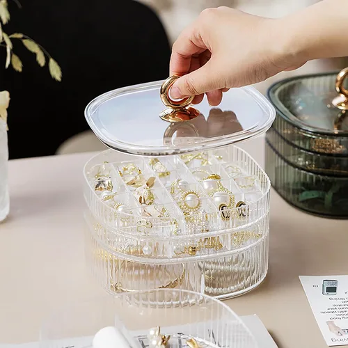Vista 4 de Joyero, organizador de joyas de acrílico de 3 capas con asa, cajas de joyería transparentes para mujeres y niñas, organizador de maquillaje, soporte