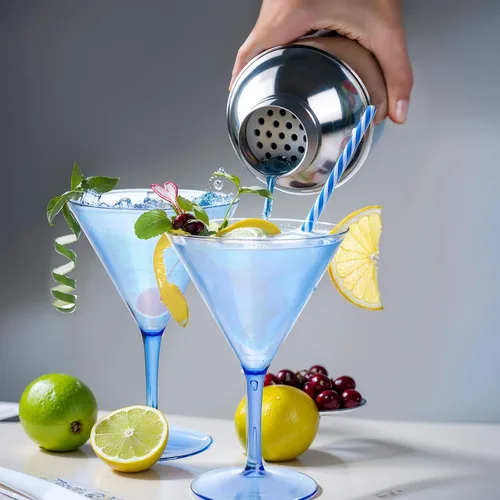 Vista 6 de Juego de 6 vasos de Martini Liacere, vasos de cóctel de Martini de plástico azul de 11oz con tallo, vasos de cóctel reutilizables para bar