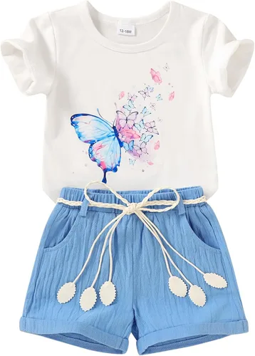 Vista 29 de YOUNGER TREE - Conjunto de ropa para bebés y niñas, camiseta de sandía y pantalones cortos de lino con cinturón, conjunto de verano lindo Abeja feliz