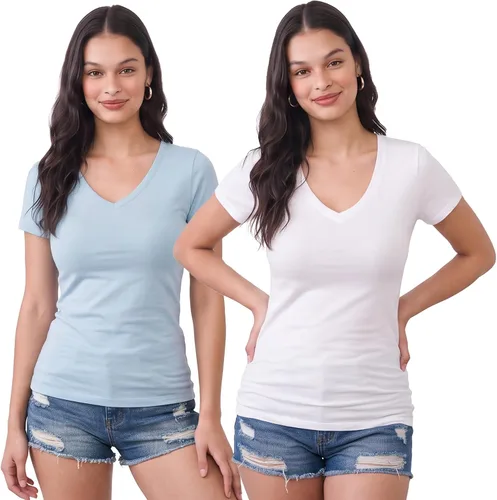 Vista 21 de Emmalise Camiseta de manga corta para mujer, cuello en V, tallas junior y plus
