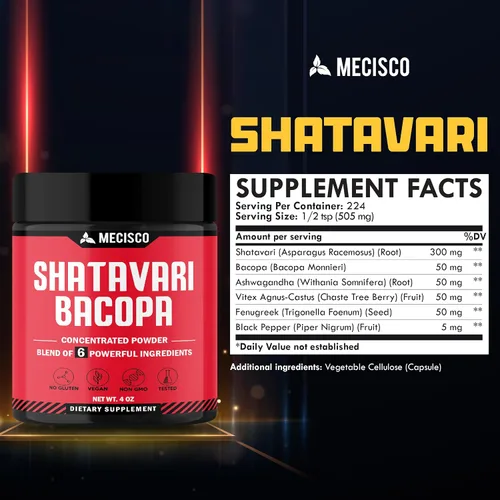 Vista 2 de Mecisco Polvo Shatavari orgánico 6 en 1, mezclado con raíz de Shatavari, Bacopa Monnieri, raíz de Ashwagandha, bayas de Vitex, fenogreco y pimienta
