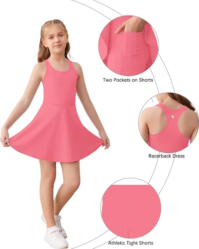 Vista 5 de Haloumoning Vestido de tenis sin mangas para niñas, vestido de golf con espalda cruzada para niños, vestido deportivo escolar con bolsillos cortos