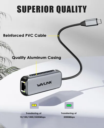 Vista 2 de WAVLINK Adaptador USB C a Ethernet de 5 Gbps, convertidor de red USB-C a RJ45 de 5000 Mbps, carcasa de aluminio para Windows, Mac OS, iPad OS y más