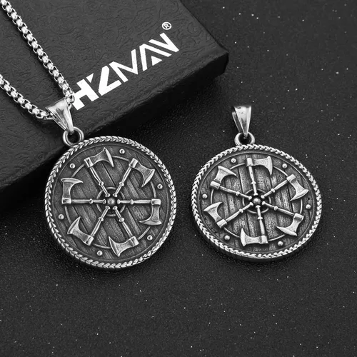 Vista 4 de HZMAN Collar de acero inoxidable vikingo valknut Kolovrat con colgante de rueda de sol eslava para hombres y niños, regalo de joyería, Acero