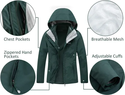 Vista 3 de Diamond Candy Chaqueta de invierno 3 en 1 para mujer, impermeable, con capucha, chaqueta de esquí de forro polar cálido