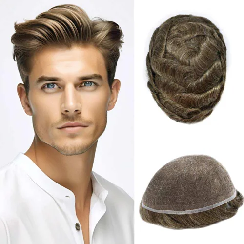 Vista 27 de Peluca de cabello humano con encaje completo, línea capilar real, para hombre, peluca de cabello con nudo blanqueado, pieza de pelo para hombres