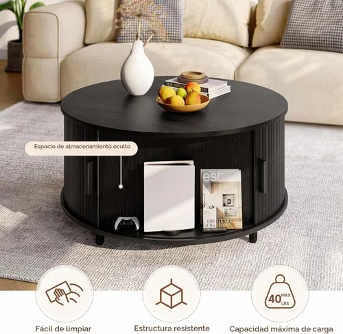 Vista 7 de ONBRILL Mesa Redonda de Café con Almacenamiento, Mesa Moderna de Café de 31.5" con Puerta Deslizante Curvada de 360°, Mesa Redonda de Centro