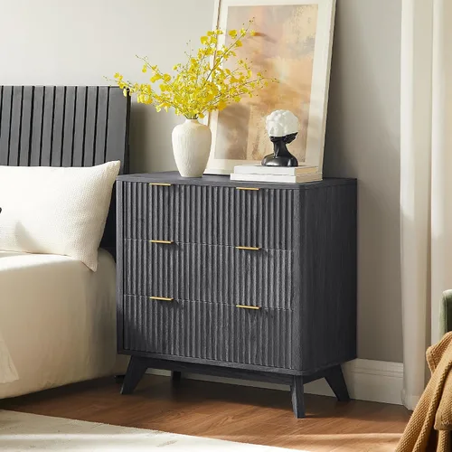 Vista 3 de T4TREAM Cómoda acanalada de 3 cajones de 32 pulgadas para dormitorio, aliso Aliso Oscuro