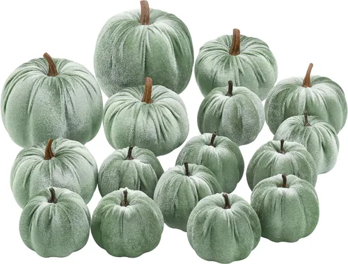 Vista 11 de Woration 16 piezas de terciopelo de tamaño surtido de calabaza artificial decoración de tela envuelta en otoño cosecha calabaza otoño mesa centro