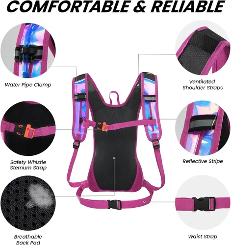 Vista 3 de Nepest Hydration Pack Backpack for Women & Men, Lightweight Water Backpack with 2L Water Bladder for Hiking Cycling Running Biking Holográfico - Rosa