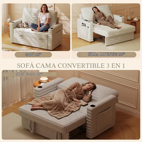 Vista 3 de Wrofly Sofá cama convertible 3 en 1, sofá cama extraíble para sala de estar con bolsillos laterales, portavasos y puerto de carga USB, respaldo