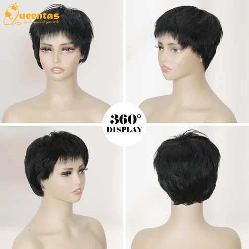 Vista 3 de Peluca sintética sin pegamento con capas Pixie corto para mujer, color negro, para uso diario, Cosplay