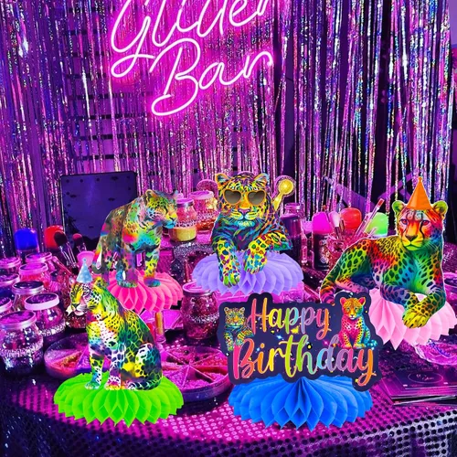 Vista 6 de Centros de mesa de nido de abeja de leopardo y arcoíris neón, decoración de fiesta de cumpleaños, decoración de fiesta de cumpleaños con estampado