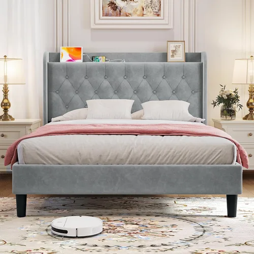 Vista 17 de koorlian Marco de cama tamaño matrimonial, Marco de cama tamaño matrimonial con cabecero, Marco de cama tapizado ajustable con puerto tipo C y USB