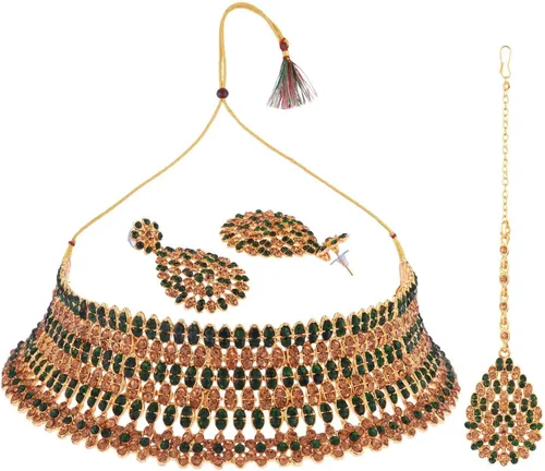 Vista 5 de Efulgenz Crystal Neckalce Set Rhinestone Brown Wedding Bridal Choker Austrian Necklace Earrings with Maang Tikka Head Chain Indian Bollywood Jewelry