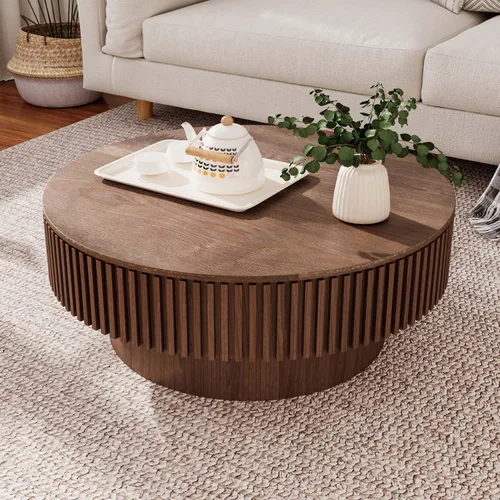 Vista 19 de Mesa de centro redonda acanalada de 31.49 pulgadas para sala de estar, mesa de café moderna de mediados de siglo con pedestal resistente, mesa