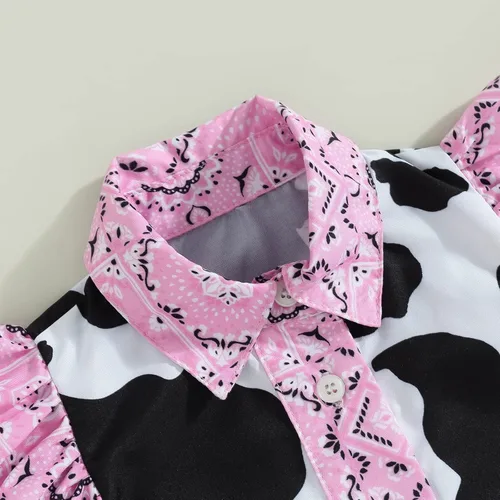 Vista 5 de Emmababy Trajes de mezclilla occidentales para niñas pequeñas, con volantes, sin mangas, con estampado de vaca, con botones, con cinturón