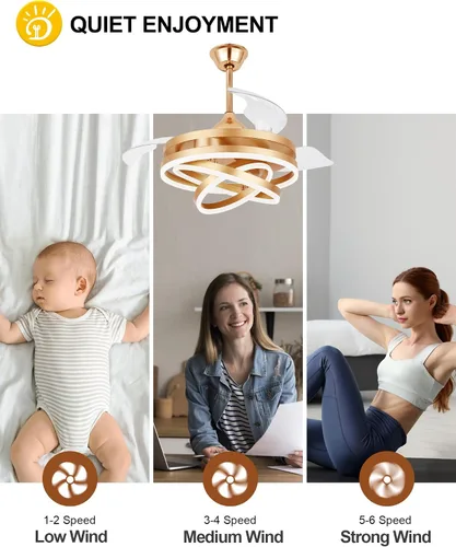 Vista 4 de Ventiladores de techo retráctiles de 42 pulgadas con luces ventilador de araña dorado moderno Gold Fandeier Ceiling Fans with Lights Quite DC