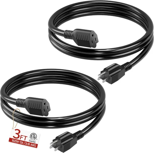 Vista 45 de Cable de extensión corto de 16/3 de 1 pie, cable de extensión negro flexible y duradero, cable de alimentación de 3 clavijas para interiores