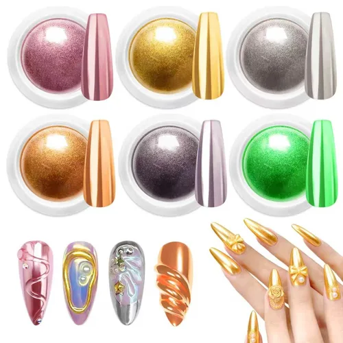 Vista 11 de Kit de polvo de uñas cromado y gel de uñas 3D BISHENGYF: 0.53 oz No Wipe 3D Sculpting Gel Aurora White Pearl Silver Gold Chrome Nail Powder