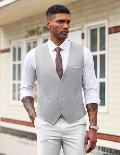 Vista 3 de COOFANDY Chaleco de traje de negocios casual para hombre, ajustado, a la cintura, formal
