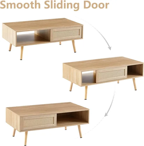 Vista 4 de Mesa de centro de ratán, mesa de centro moderna de mediados de siglo de 40.3 pulgadas con almacenamiento, mesa rectangular de madera para sofá