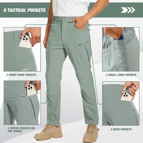 Vista 3 de Pantalones tácticos para hombre, resistentes al agua, pantalones de senderismo al aire libre, pantalones de trabajo ligeros Ripstop, 8 bolsillos