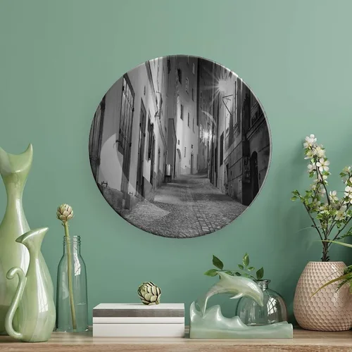 Vista 5 de Platos de cerámica, platos de cerámica decorativos en blanco y negro, callejón europeo oscuro por la noche, calle vacía, 6 pulgadas, para comedor