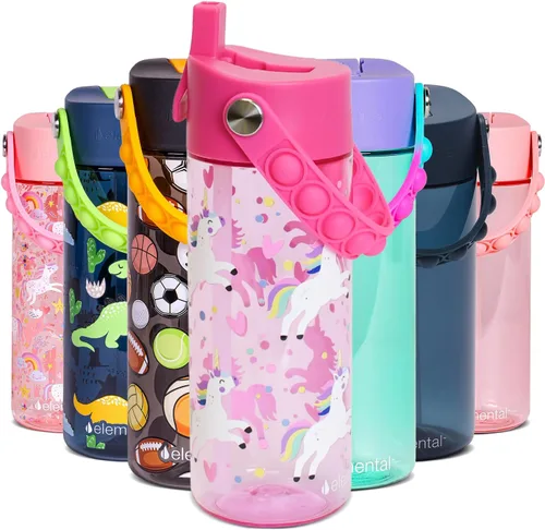 Vista 58 de Elemental Botellas de agua para niños – Botella de agua para niños Splash para la escuela con mango Pop-it – Botella de agua de plástico Tritan sin