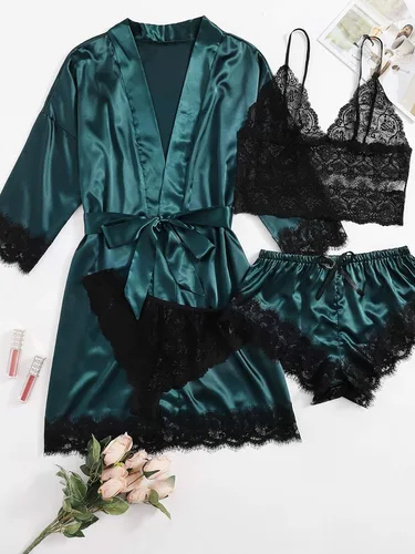 Vista 5 de WDIRARA - Conjunto de pijama de satén de seda para mujer, lencería de encaje floral, ropa de dormir con bata, 4piezas