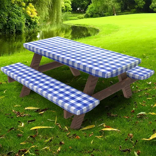 Vista 8 de UMINEUX Funda de mesa de picnic con fundas de banco, ropa de mesa ajustable para mesas rectangulares de 6 pies, respaldo de franela de vinilo