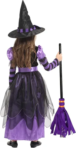 Vista 4 de Witch Costume Girls Halloween Witch Dress Costumes Kids Deluxe Witch Hat Broomstick Halloween Candy Bags Fancy Dress Up Party