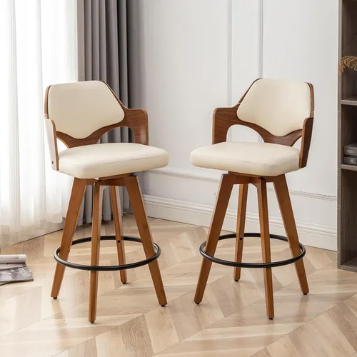 Vista 8 de MEKLIBA Juego de 2 taburetes de bar giratorios de altura de mostrador, silla de bar tapizada con patas de bambú, taburetes de mostrador con respaldo