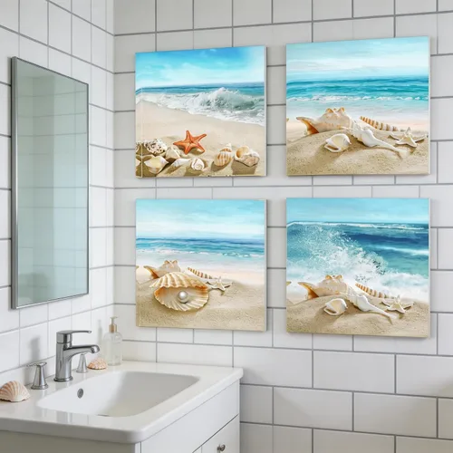 Vista 3 de Sandy Beach Shells - Lienzo con diseño de estrellas de mar y conchas de playa, arte de pared moderno, enmarcado para decoración de oficina en casa