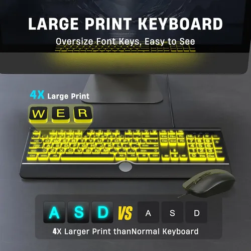 Vista 4 de Combo de teclado y ratón con cable - Teclado retroiluminado con letras grandes, teclado USB silencioso con cable y ratón óptico para Windows, PC